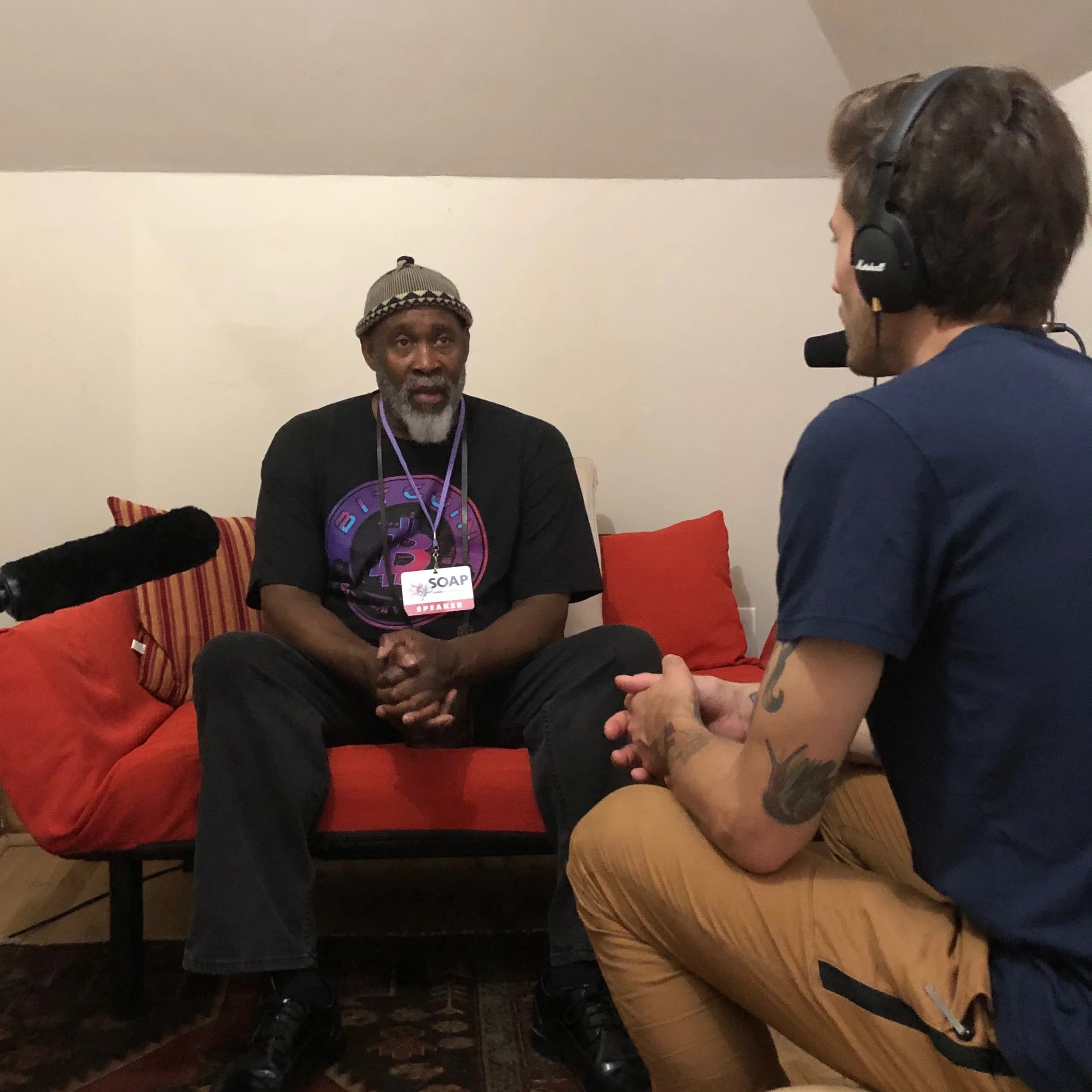 Kilindi Iyi and Joshua Graber recording an interview